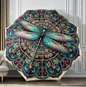 🆕️💚☔️ GREEN DRAGONFLY WITH MANDELLA DESIGN COMPACT UMBRELLA☔️💚